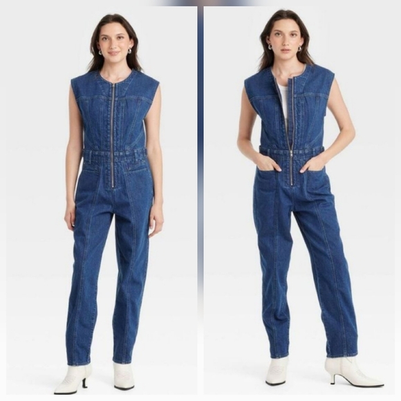 NEW! Universal Thread Tailored Dark Wash Sleeveless Jumpsuit Size 12 - Picture 1 of 9